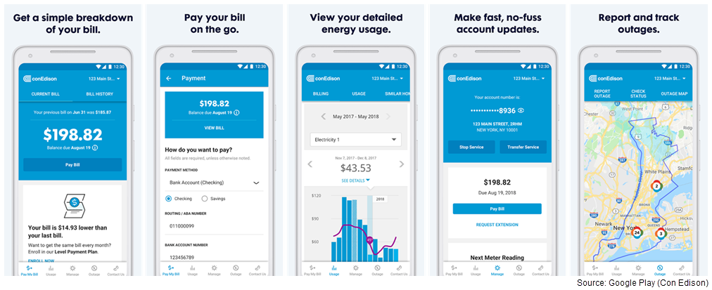 Screenshots of Con Edison's mobile app, showing features such as bill breakdown, energy usage, outage tracking, and more.