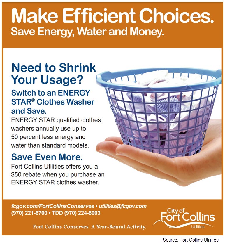 Screenshot of an ad reading 'Make Efficient Choices. Save Energy, Water and Money. Need to Shrink Your Usage? Switch to an Energy Star Clothes Washer and Save … Fort Collins Utilities offers you a $50 rebate when you purchase and Energy Star clothes washer.