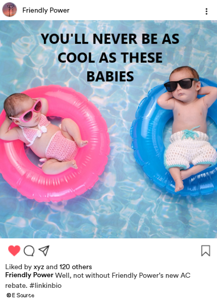 Meme for air-conditioning rebates Babies floating on rafts in a pool feeling assured that they are not wasting energy cooling their homes