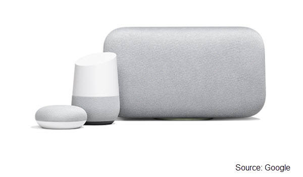 Photo of Google Home Mini, Google Home, and Google Home Max smart speakers
