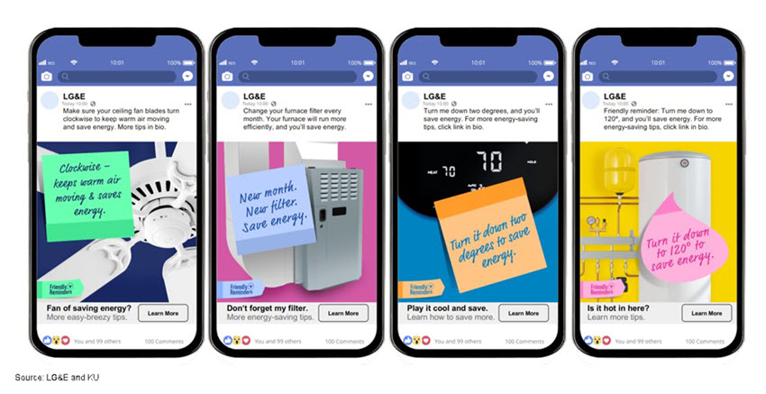 LG&E and KU share four Facebook ads highlighting energy-saving tips such as encouraging customers to change their air filters every month.