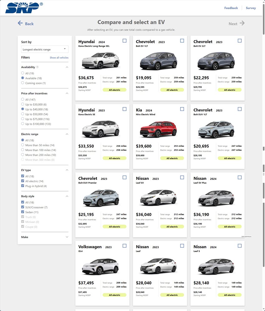 Online marketplace from SRP showing available EVs with their price, range, and mileage information.